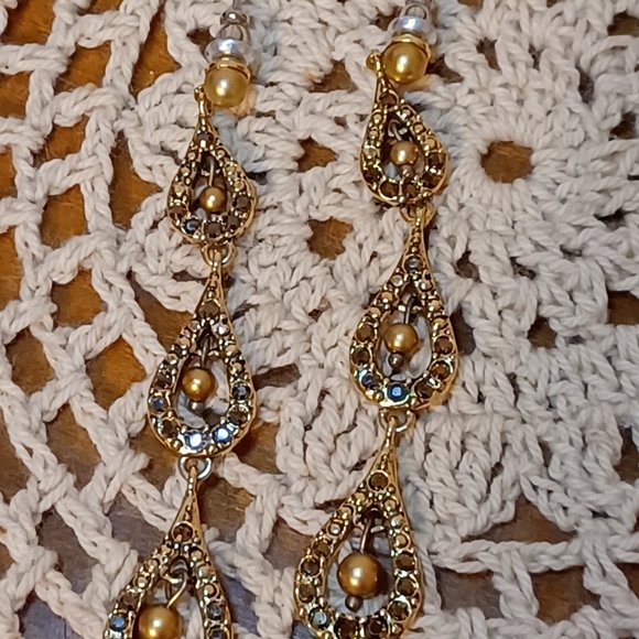 Monet Champagne Brown Colored Pearl Dangle Stud Earrings - Picture 4 of 15